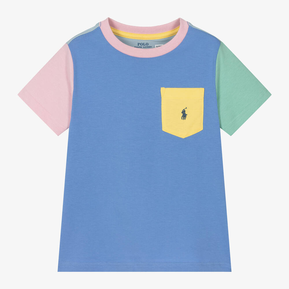 Ralph Lauren - Boys Blue Colourblock Cotton T-Shirt | Childrensalon
