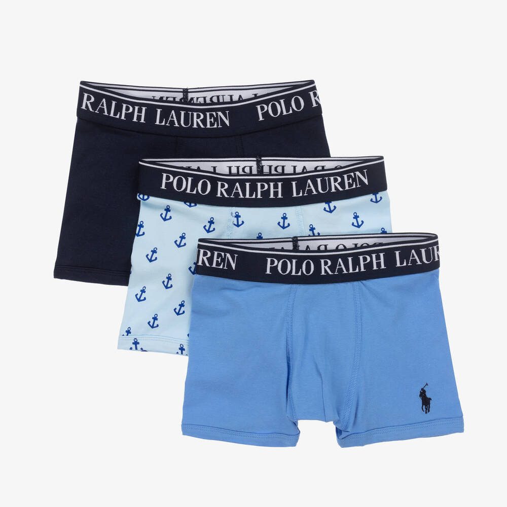 Ralph Lauren - Boys Blue Cotton Boxer Shorts (3 Pack) | Childrensalon