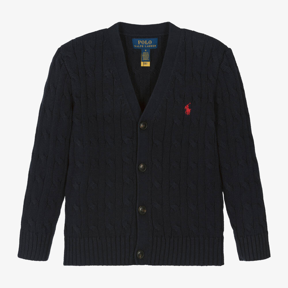 Ralph Lauren - Boys Blue Cotton Cable Knit Cardigan | Childrensalon