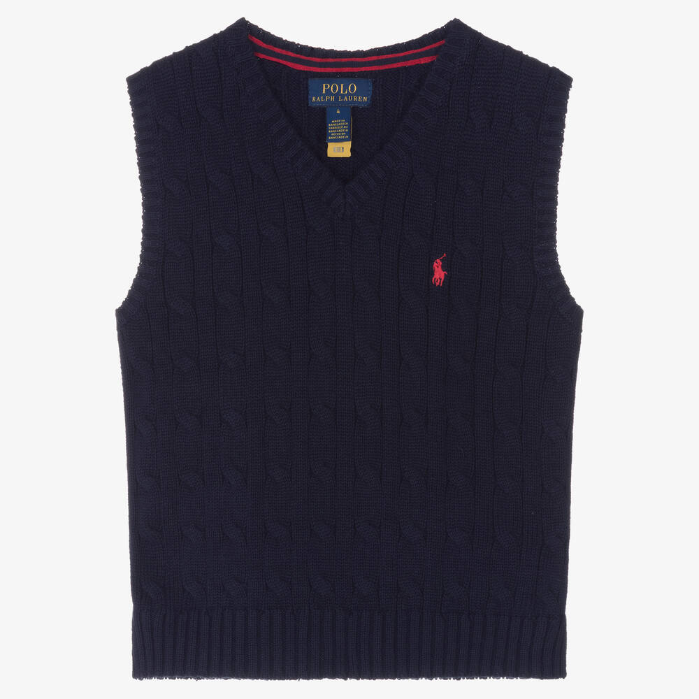 Ralph Lauren - Boys Blue Cotton Cable Knit Slipover | Childrensalon