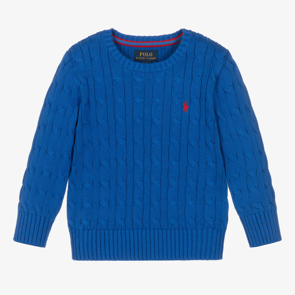 Ralph Lauren - Boys Blue Cotton Cable Knit Sweater | Childrensalon