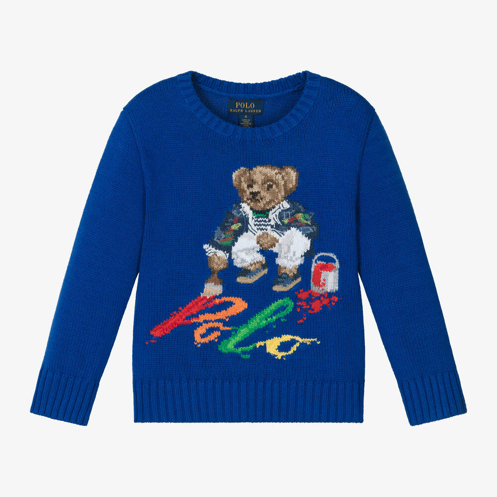 Ralph Lauren - Boys Blue Cotton Knit Polo Bear Sweater | Childrensalon
