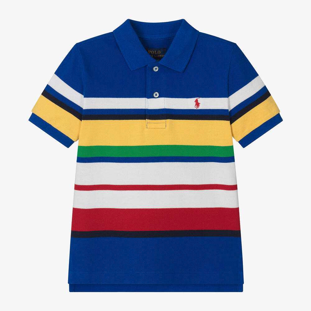 Ralph Lauren - Boys Blue Cotton Multi-Stripe Polo Shirt | Childrensalon