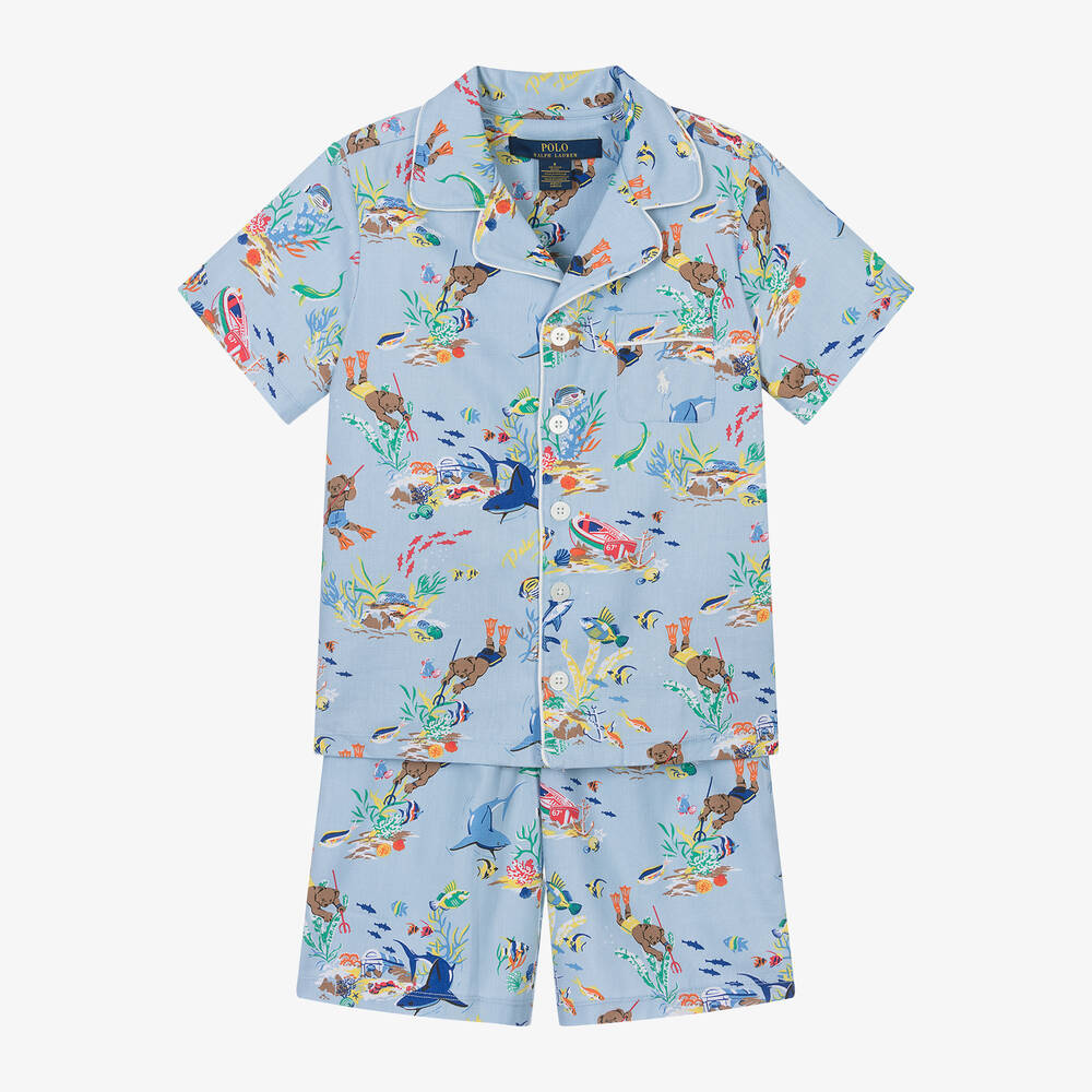 Ralph Lauren - Boys Blue Cotton Polo Bear Short Pyjamas | Childrensalon