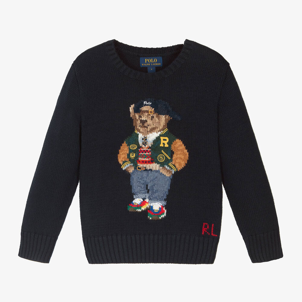 Ralph Lauren - Boys Blue Cotton Polo Bear Sweater | Childrensalon