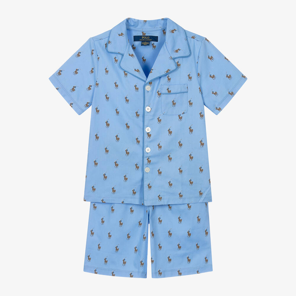 Ralph Lauren - Boys Blue Cotton Pony Short Pyjamas | Childrensalon