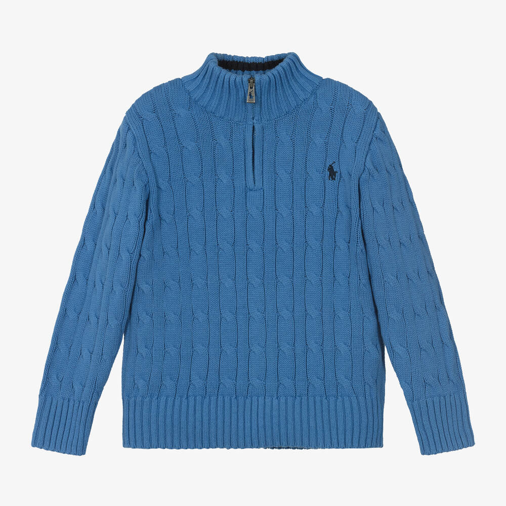 Ralph Lauren - Pull bleu en coton à col zippé | Childrensalon