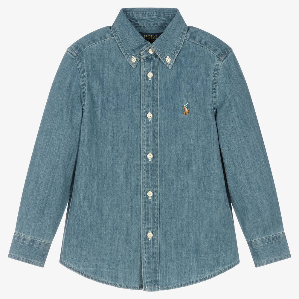 Ralph Lauren - قميص قطن دنيم لون أزرق للأولاد | Childrensalon
