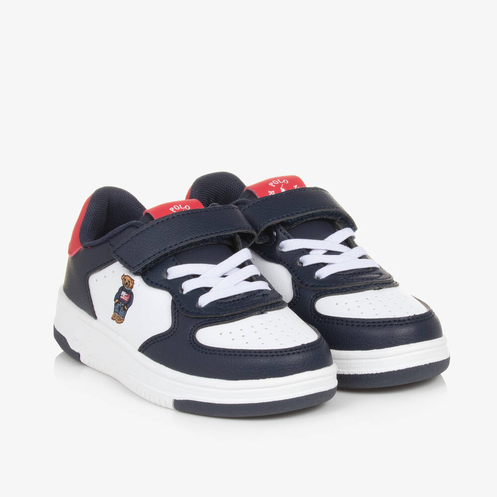 Ralph Lauren - Boys Blue Faux Leather Polo Bear Trainers | Childrensalon