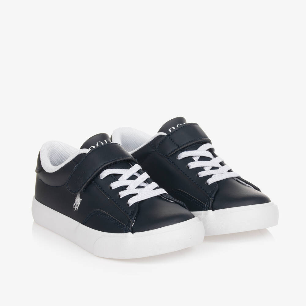 Ralph Lauren Kids' Boys Blue Faux Leather Velcro Trainers In White