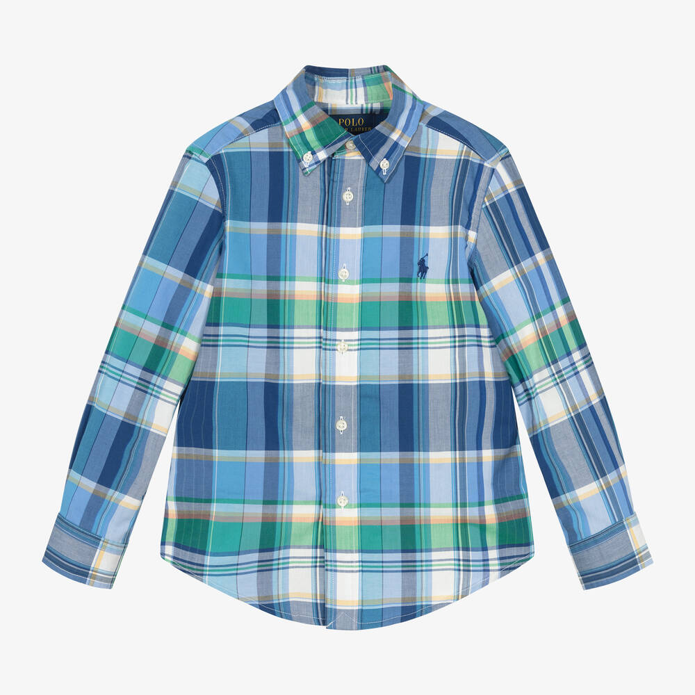 Ralph Lauren - قميص قطن كاروهات لون أخضر وأزرق للأولاد | Childrensalon