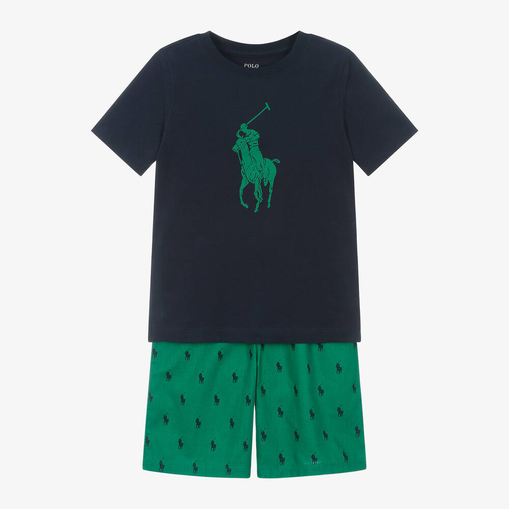 Ralph Lauren - Boys Blue & Green Cotton Pony Pyjamas | Childrensalon