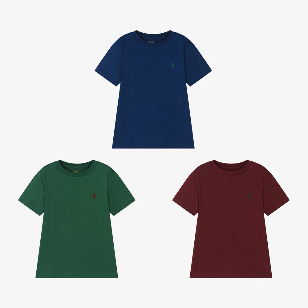 Ralph Lauren - Boys Blue & Green Cotton T-shirts (3 Pack) | Childrensalon