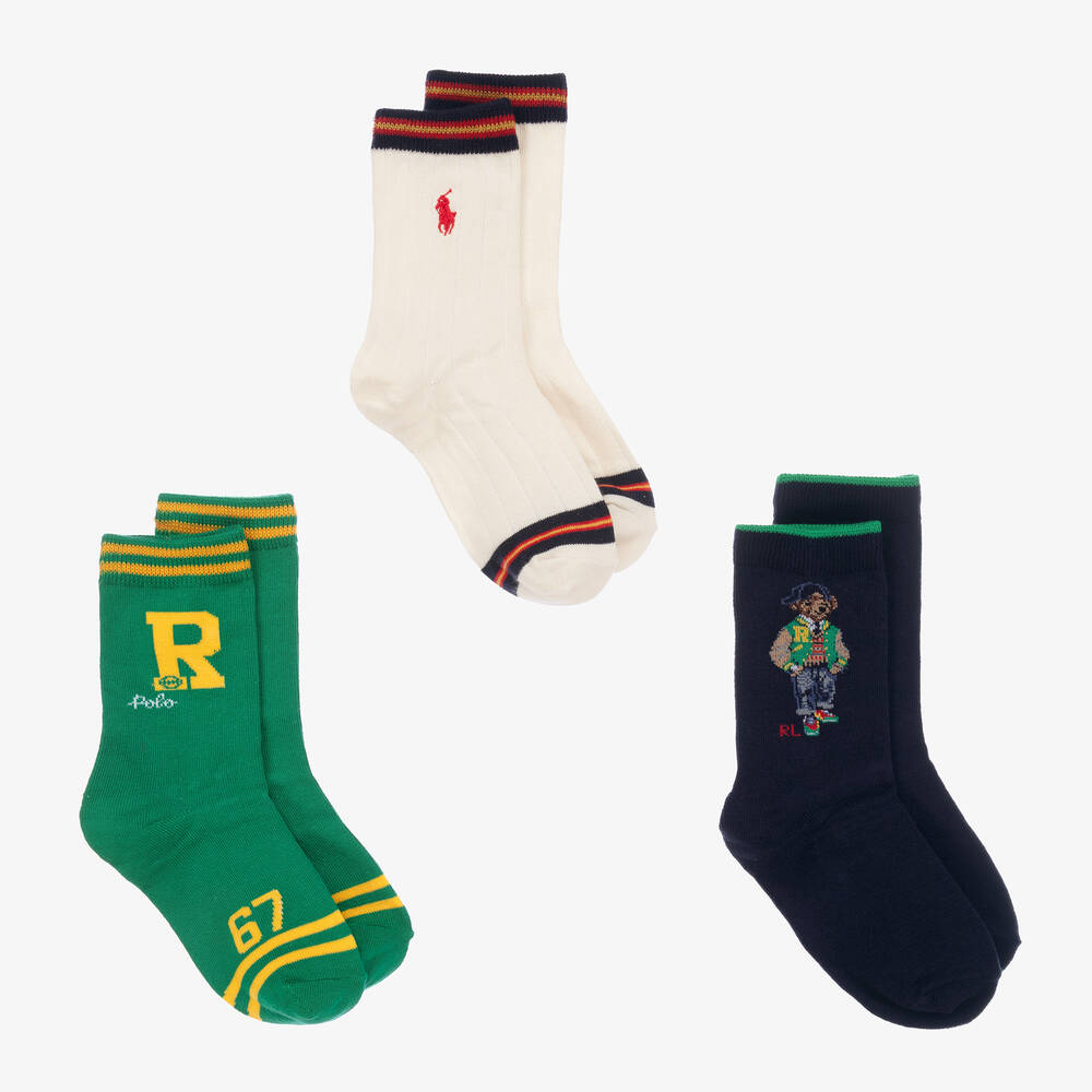 Ralph Lauren - Boys Blue & Green Socks (3 Pack) | Childrensalon