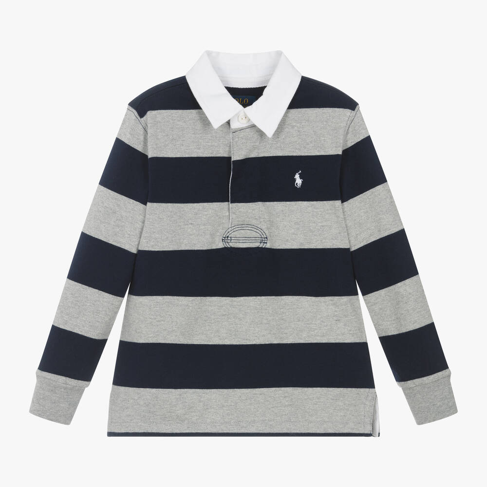 Ralph Lauren - Boys Blue & Grey Stripe Cotton Rugby Shirt | Childrensalon