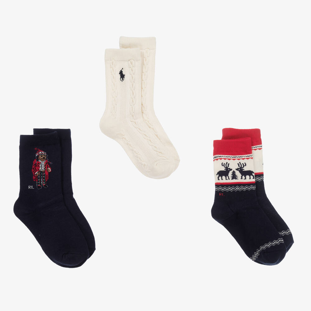 Ralph Lauren - Boys Blue & Ivory Socks (3 Pack) | Childrensalon