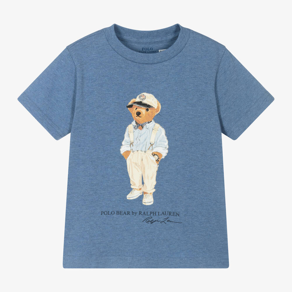 Ralph Lauren - Boys Blue Marl Cotton Polo Bear T-Shirt | Childrensalon