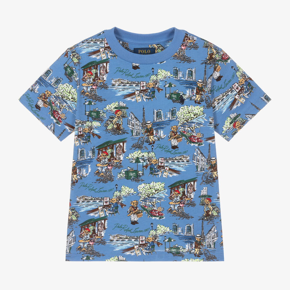 Ralph Lauren - Boys Blue Polo Bear Cotton T-Shirt | Childrensalon