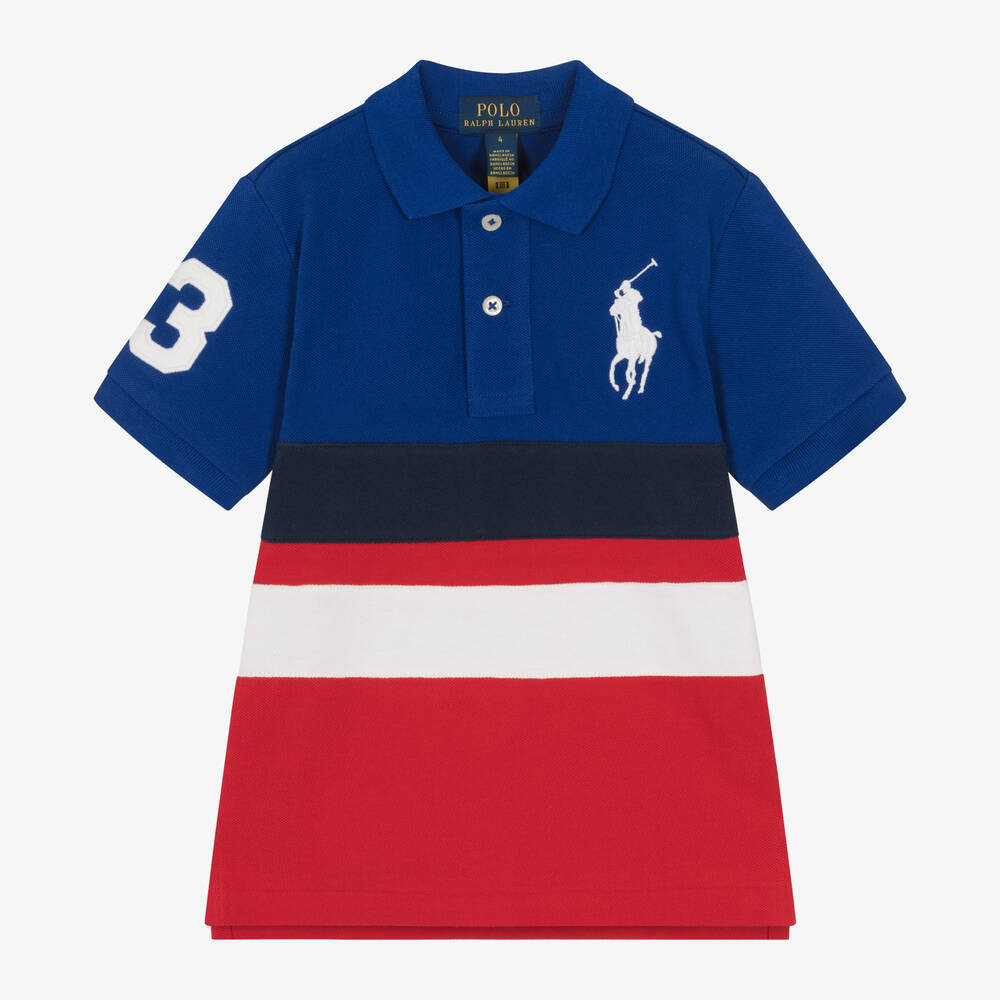 Ralph Lauren - توب بولو قطن بيكيه لون أزرق وأحمر للأولاد | Childrensalon