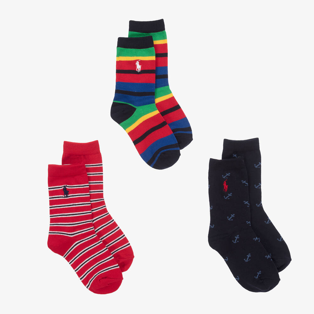 Ralph Lauren - Boys Blue & Red Cotton Socks (3 Pack) | Childrensalon