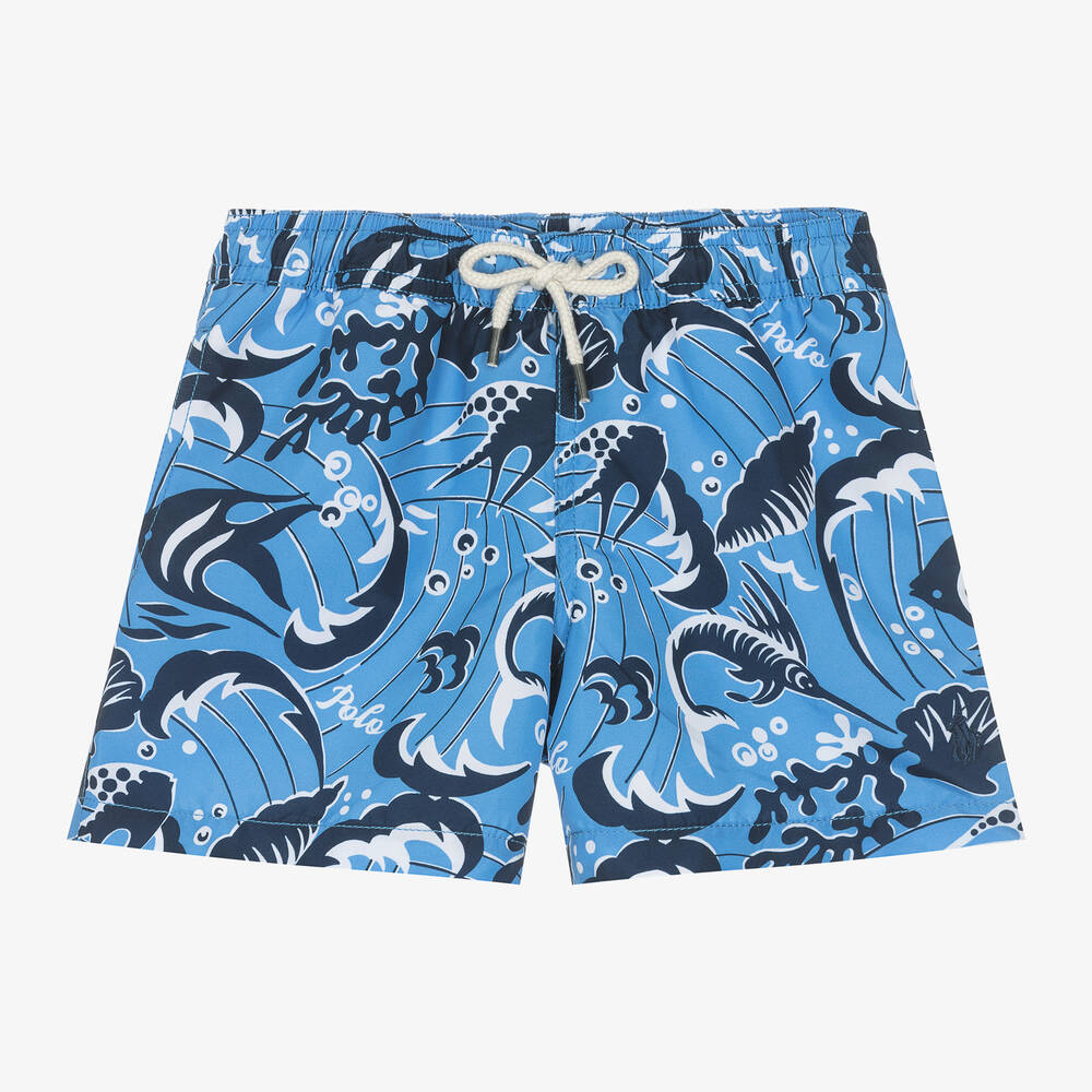 Ralph Lauren - Boys Blue Sea Print Swim Shorts | Childrensalon