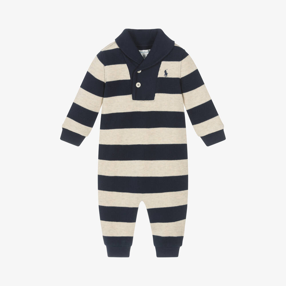 Ralph Lauren - Boys Blue Stripe Cotton Knit Babygrow | Childrensalon