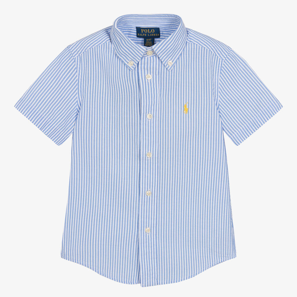 Ralph Lauren - Boys Blue Stripe Cotton Seersucker Shirt | Childrensalon