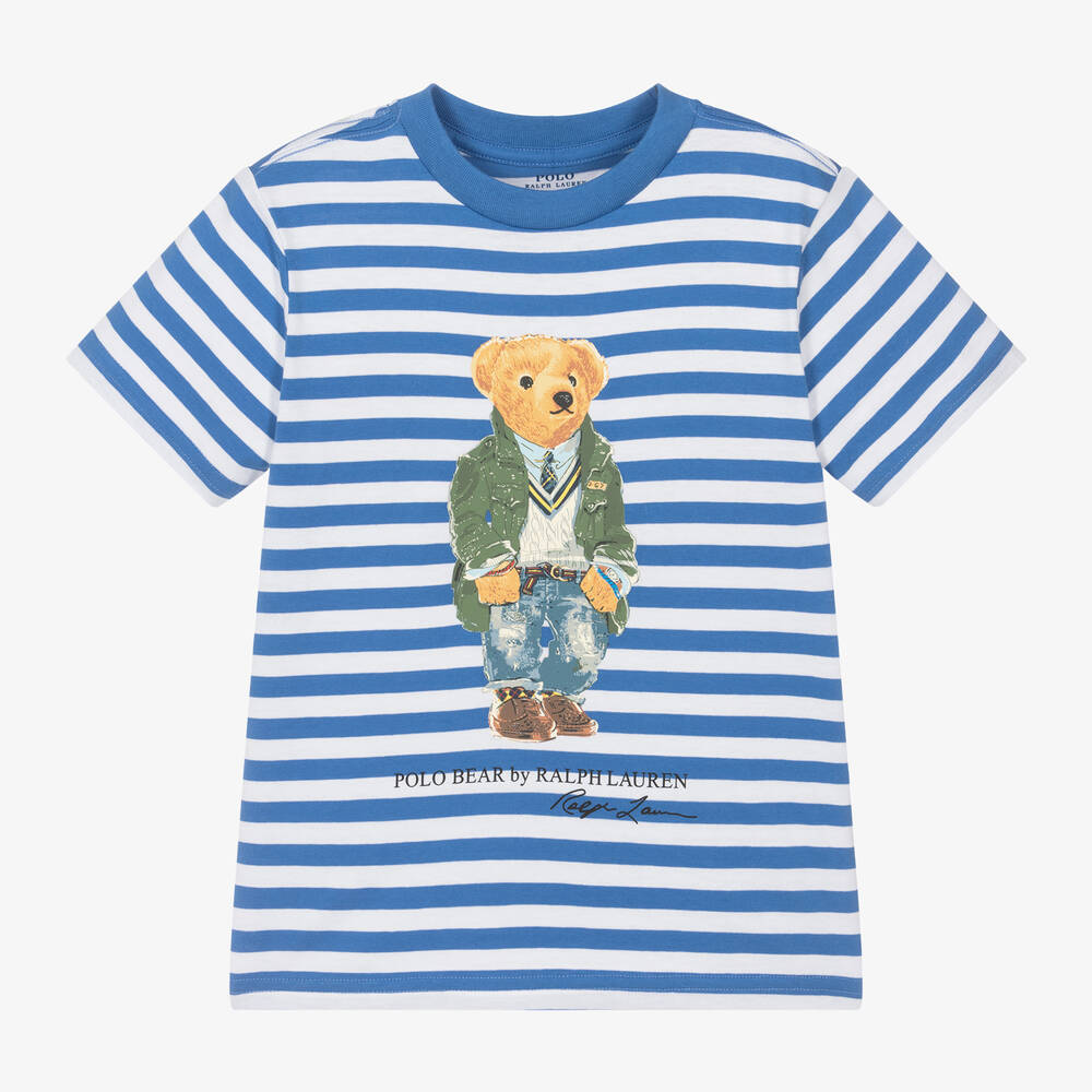 Shop Ralph Lauren Boys Blue Striped Cotton Bear T-shirt
