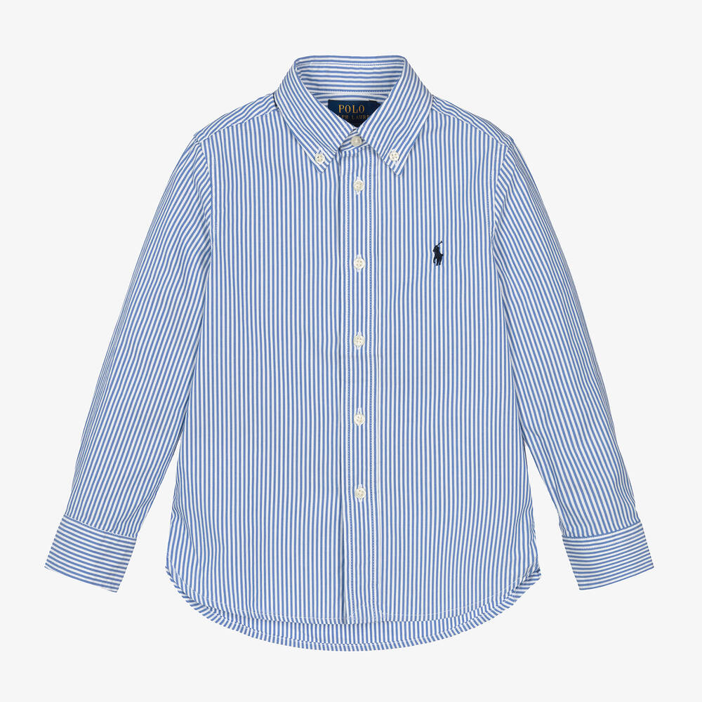 Ralph Lauren - قميص قطن بوبلين مقلم لون أزرق وأبيض للأولاد | Childrensalon