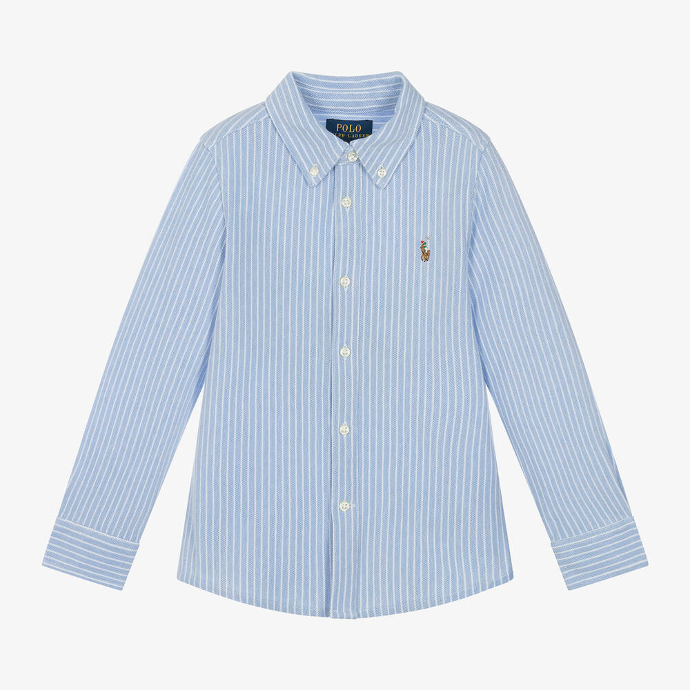 Ralph Lauren - قميص قطن بيكيه مقلم لون أزرق وأبيض للأولاد | Childrensalon