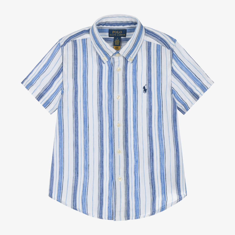 Ralph Lauren - قميص كتان مقلم لون أزرق وأبيض للأولاد  | Childrensalon
