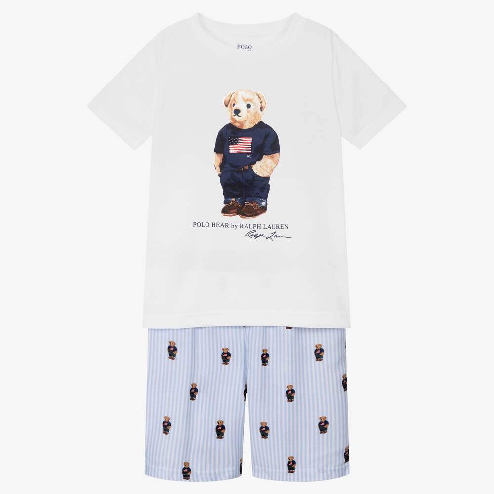 Ralph Lauren - Boys Blue Striped Polo Bear Cotton Pyjamas | Childrensalon