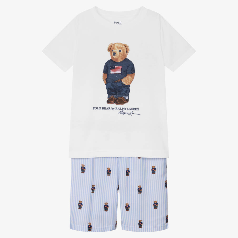 Ralph Lauren - Boys Blue Striped Polo Bear Cotton Pyjamas | Childrensalon