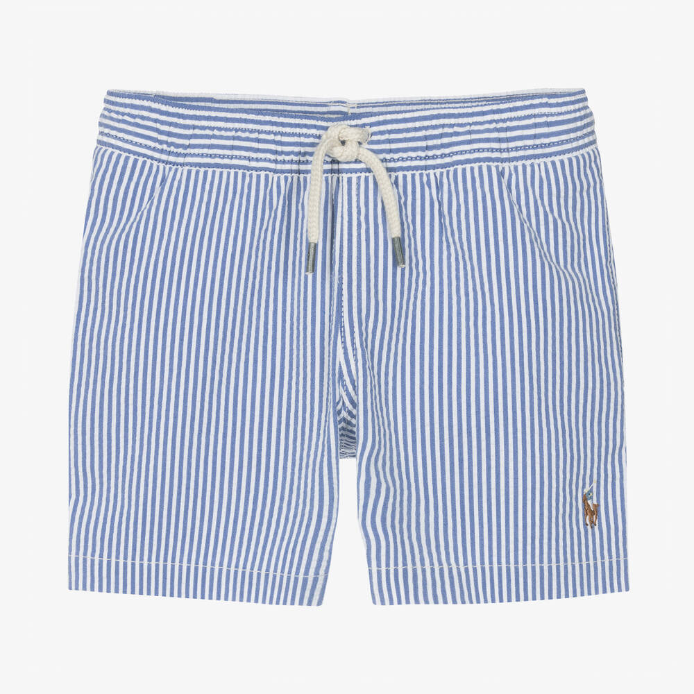 Ralph Lauren - Boys Blue Striped Seersucker Swim Shorts | Childrensalon