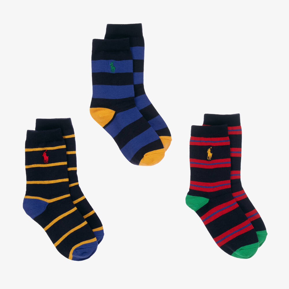 Ralph Lauren - Boys Blue Striped Socks (3 Pack) | Childrensalon