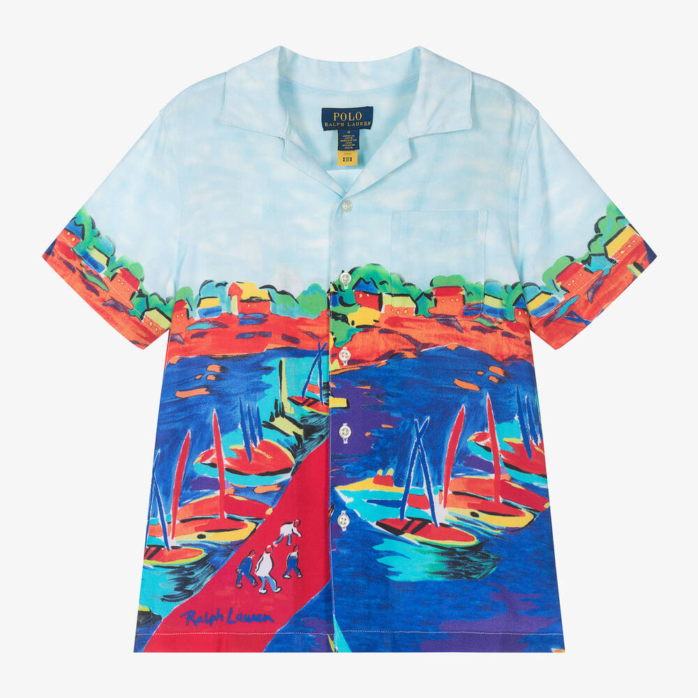 Ralph Lauren - Boys Blue Viscose Sailboat Shirt | Childrensalon