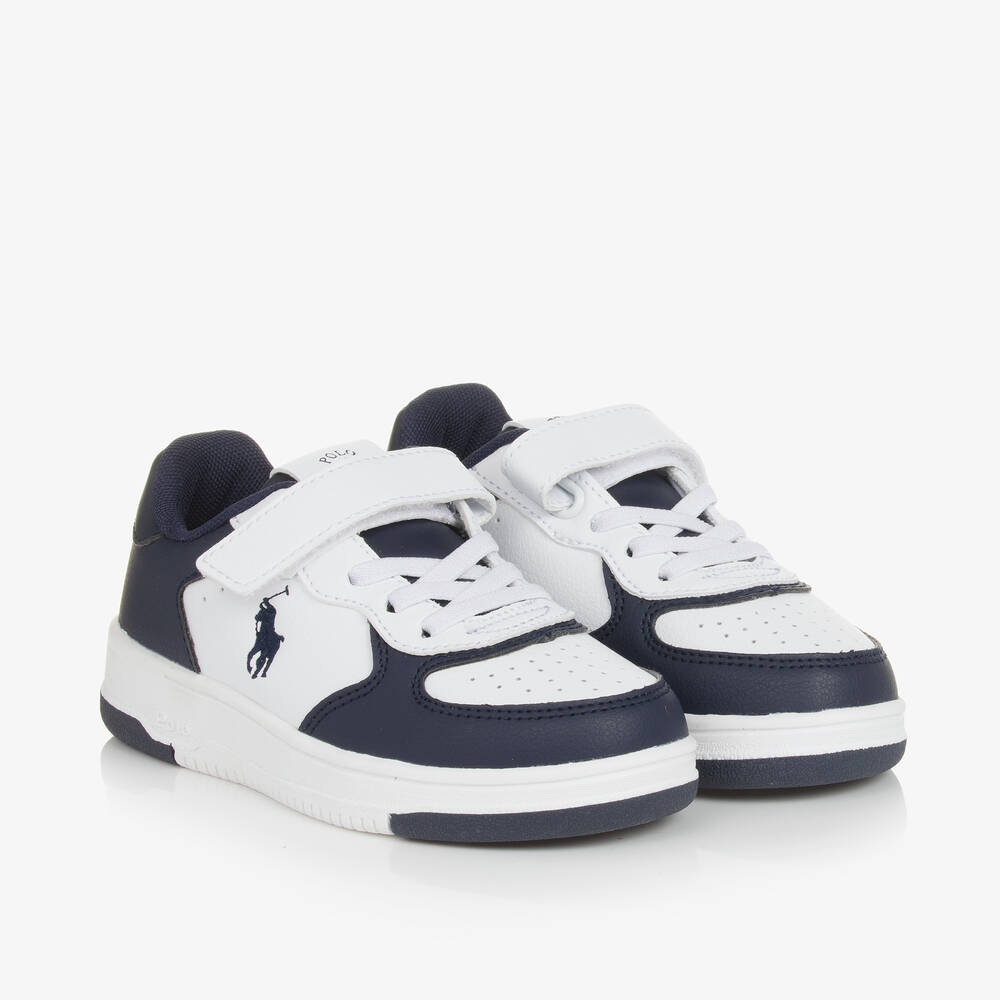 Ralph Lauren - Boys Blue & White Faux Leather Trainers | Childrensalon