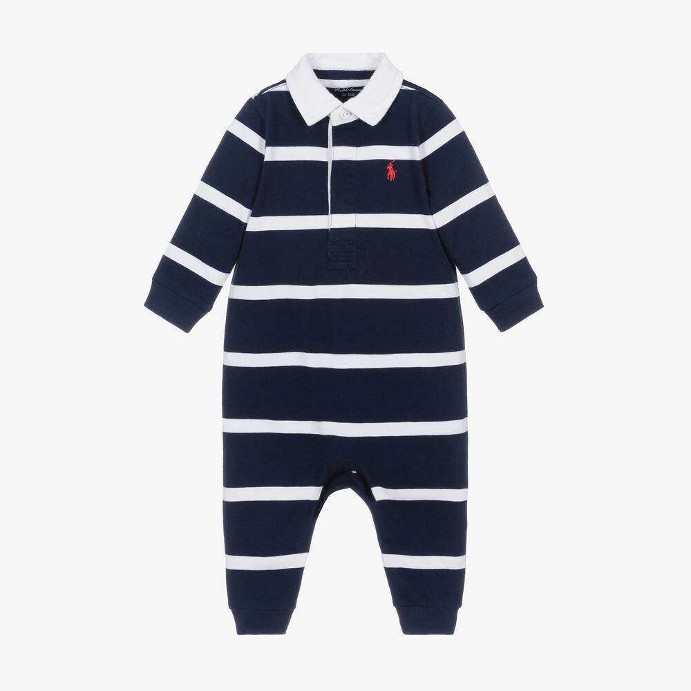 Ralph Lauren - Boys Blue & White Stripe Cotton Babygrow | Childrensalon