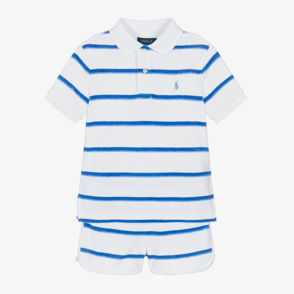 Ralph Lauren - Boys Blue & White Striped Cotton Shorts Set | Childrensalon