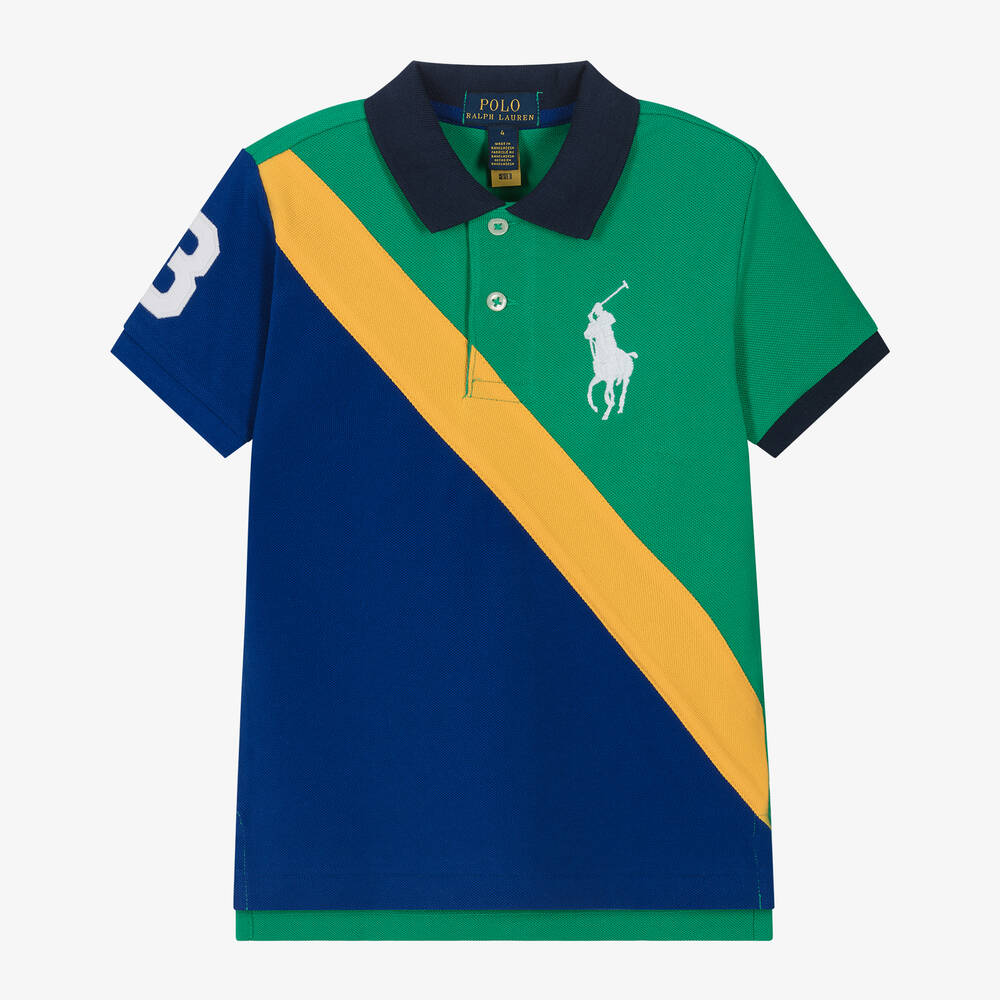 Ralph Lauren - Boys Green & Blue Cotton Polo Shirt | Childrensalon