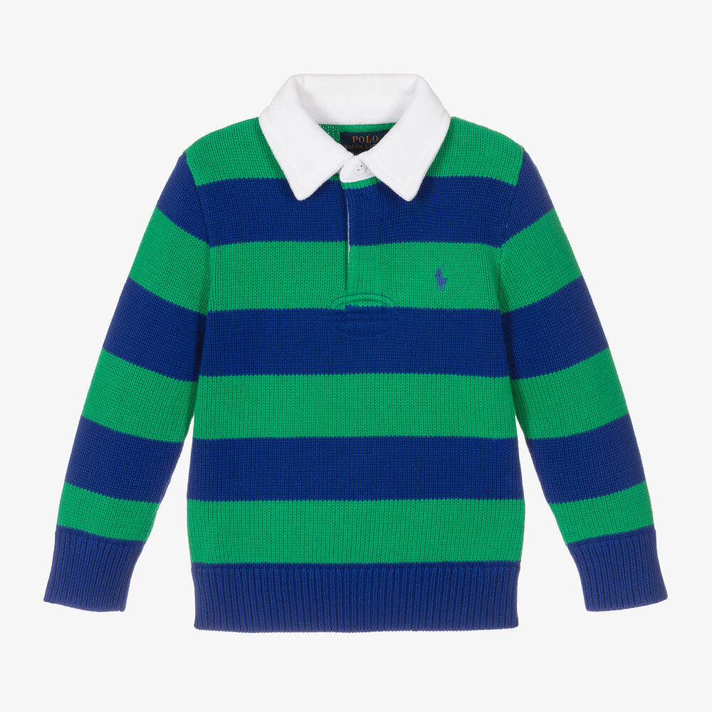 Ralph Lauren - Boys Green & Blue Stripe Cotton Polo Jumper | Childrensalon