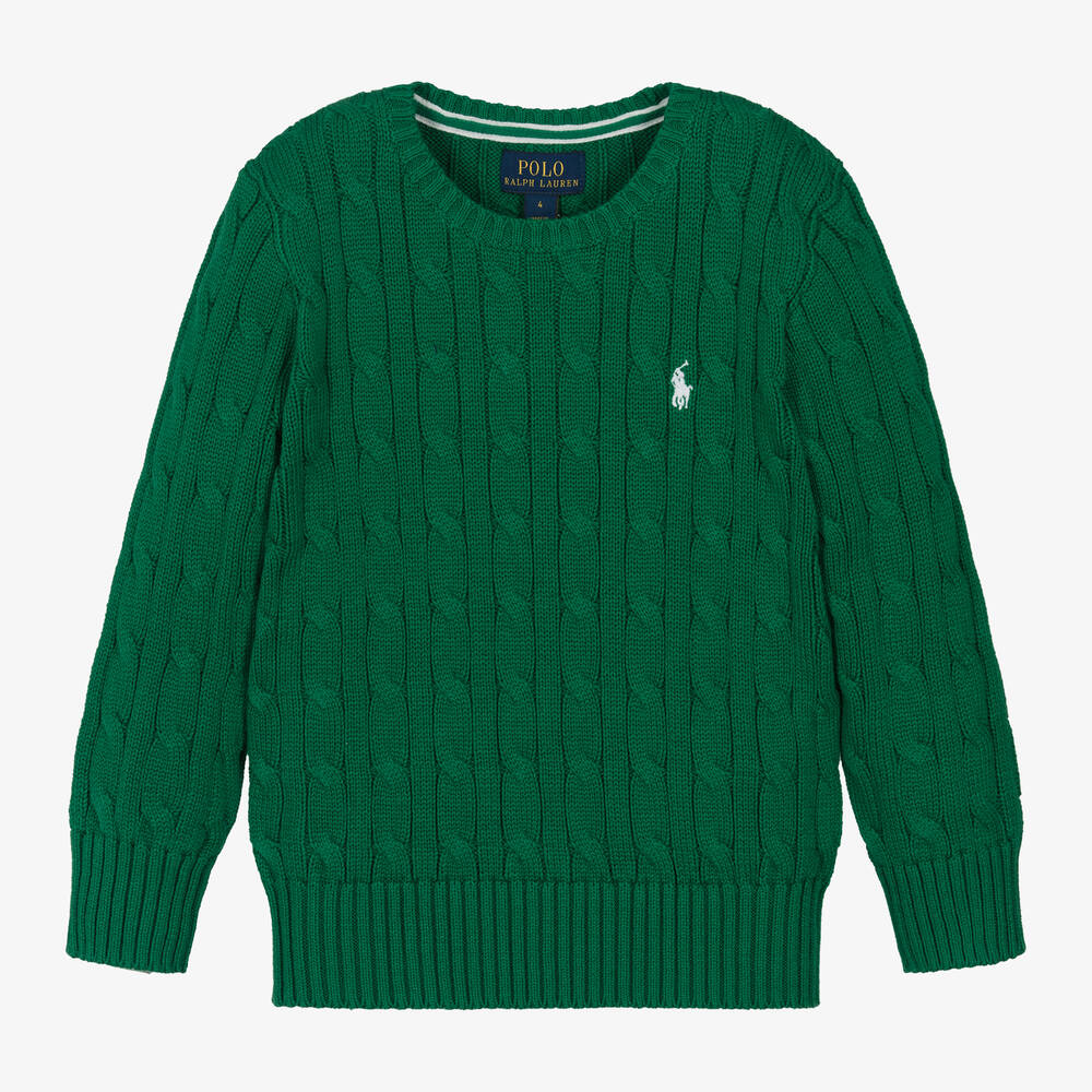 Ralph Lauren - Boys Green Cable Knit Cotton Sweater | Childrensalon