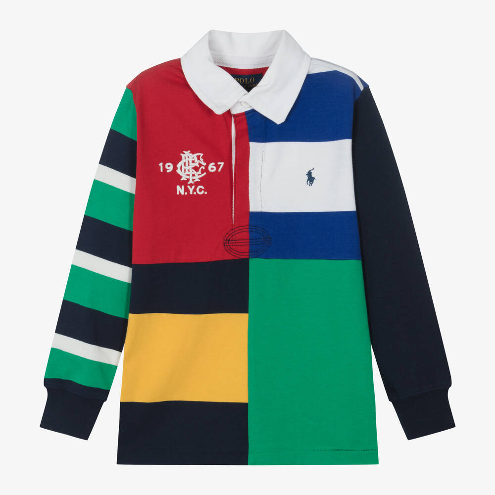 Ralph Lauren - Boys Green Cotton Colour Block Rugby Shirt | Childrensalon