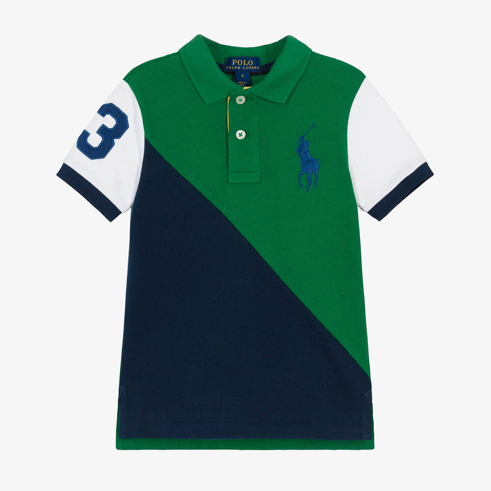 Ralph Lauren - Boys Green Cotton Colourblock Polo Shirt | Childrensalon