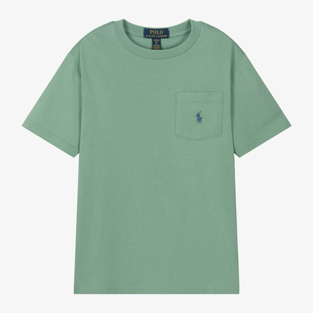 Ralph Lauren - Boys Green Cotton Pocket T-Shirt | Childrensalon