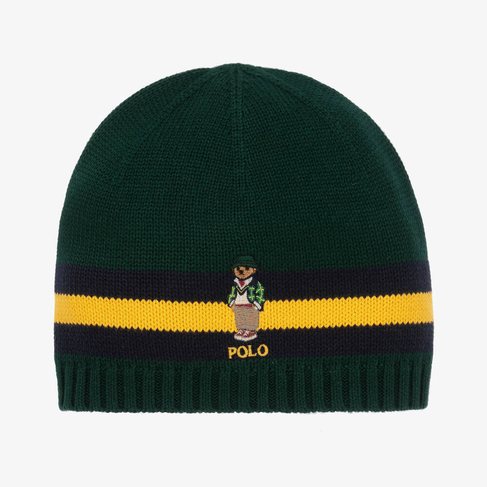 Ralph Lauren - Boys Green Cotton Polo Bear Beanie Hat | Childrensalon