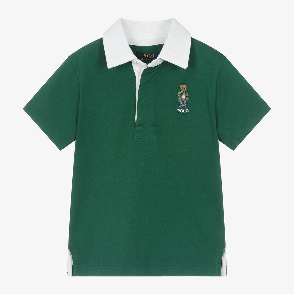 Ralph Lauren - Boys Green Cotton Polo Bear Rugby Shirt | Childrensalon
