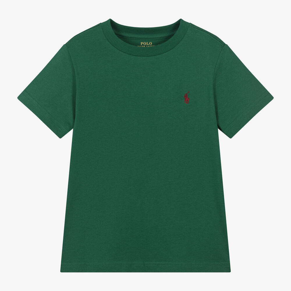 Ralph Lauren - Boys Green Pony Logo Cotton T-Shirt | Childrensalon