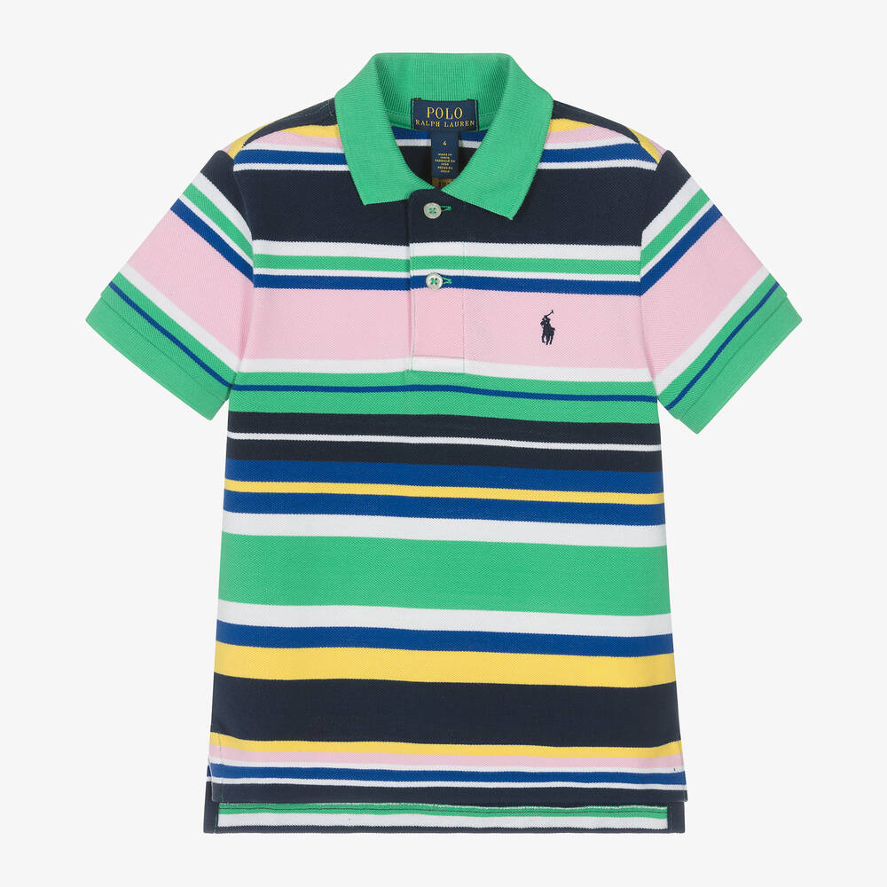 Ralph Lauren - Boys Green Striped Cotton Polo Shirt | Childrensalon