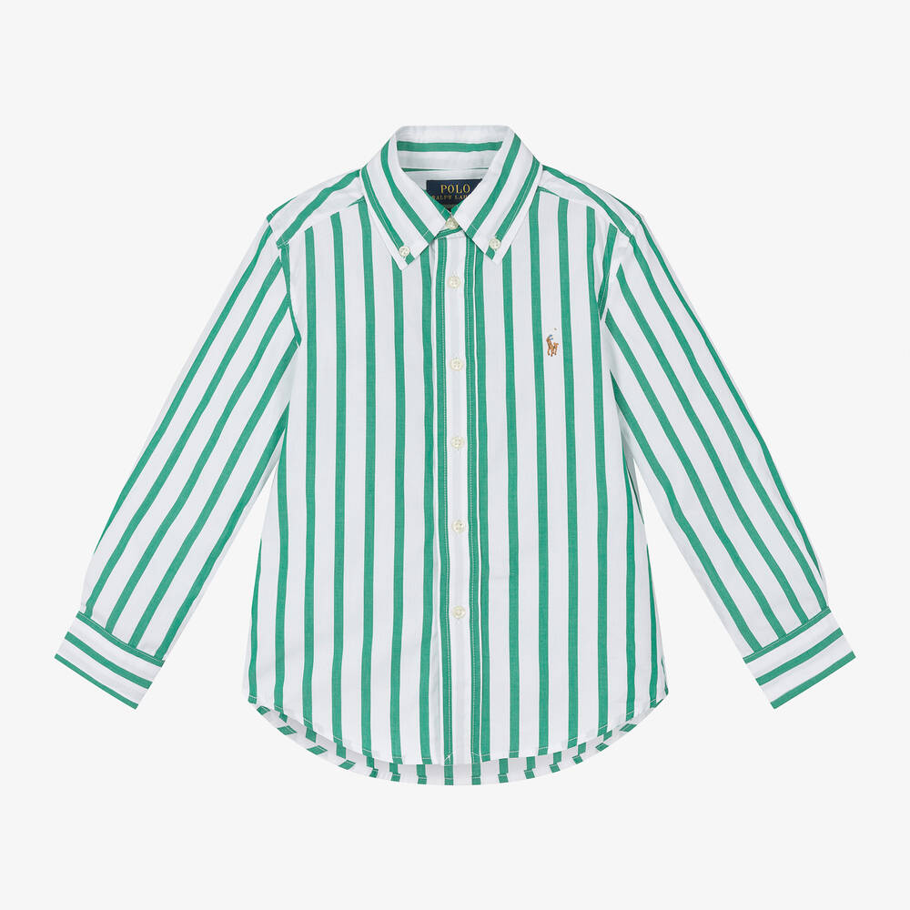 Ralph Lauren - قميص قطن بوبلين مقلم لون أخضر وأبيض للأولاد | Childrensalon